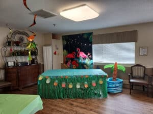 Luau activity decorations at Edgefield Post Acute