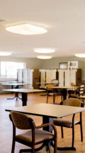 Tables and chairs in a large room
